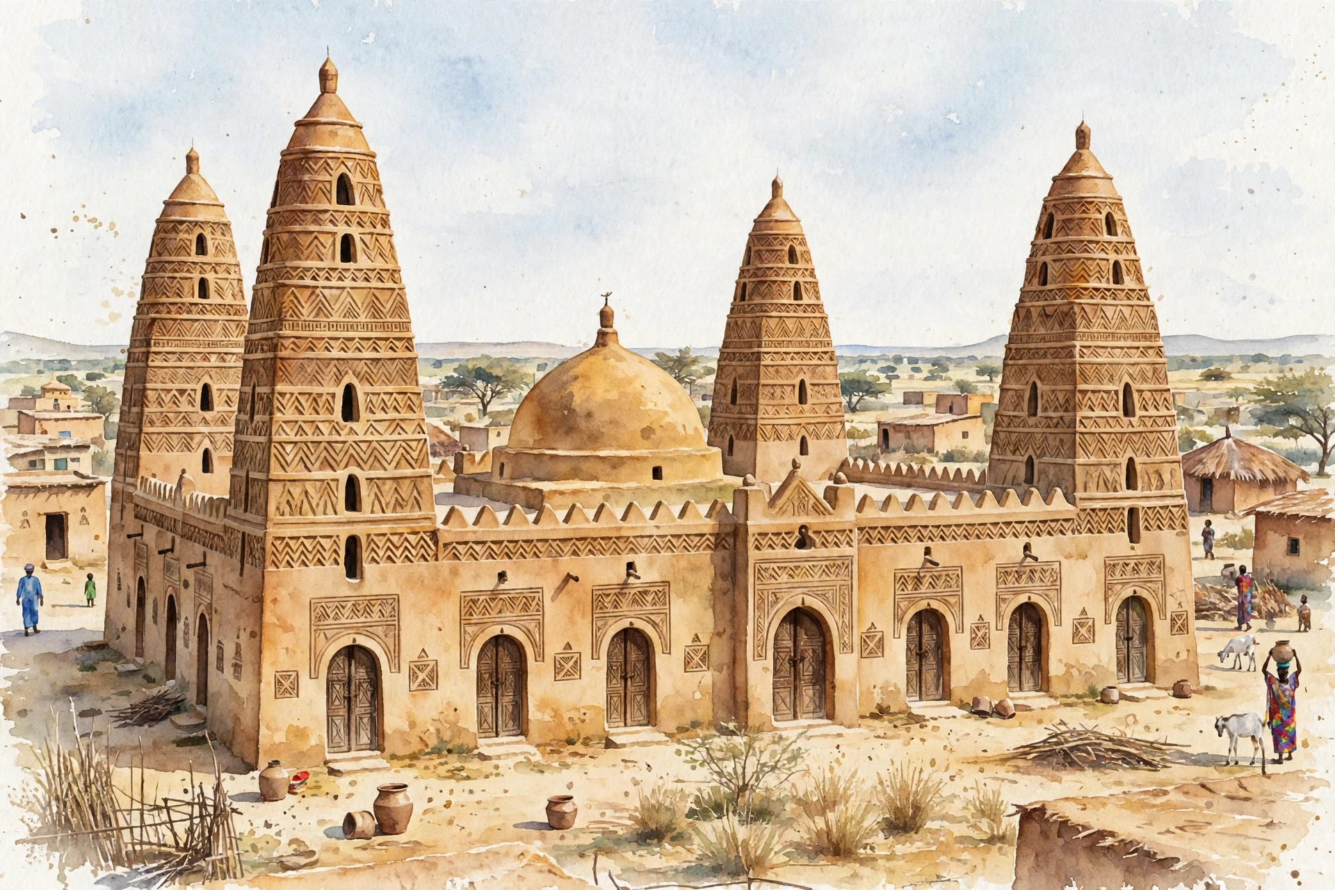 Aquarelle d'une mosquée du désert — étude de lumière sur le banco