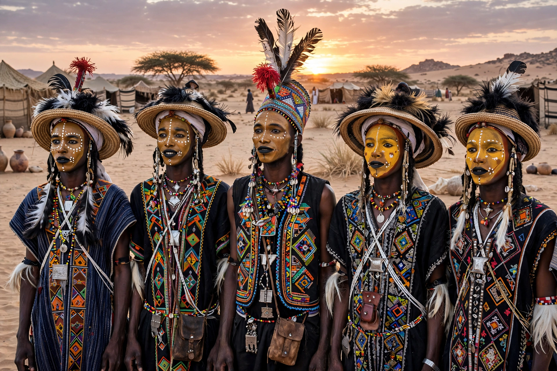 Jeunes Wodaabé maquillés et parés de plumes pour la danse du Guéréwol au coucher du soleil