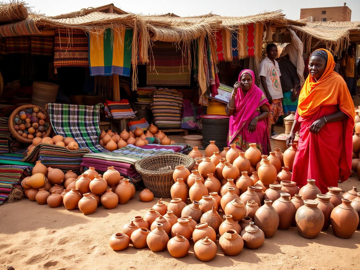 Marché artisanal avec poteries et nattes